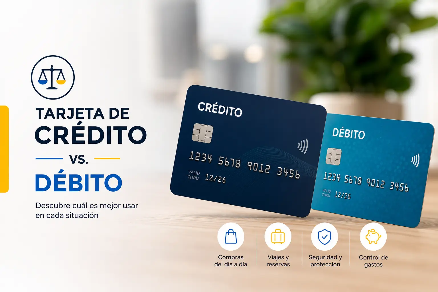 Cartões de crédito e débito em superfície de madeira com texto explicativo