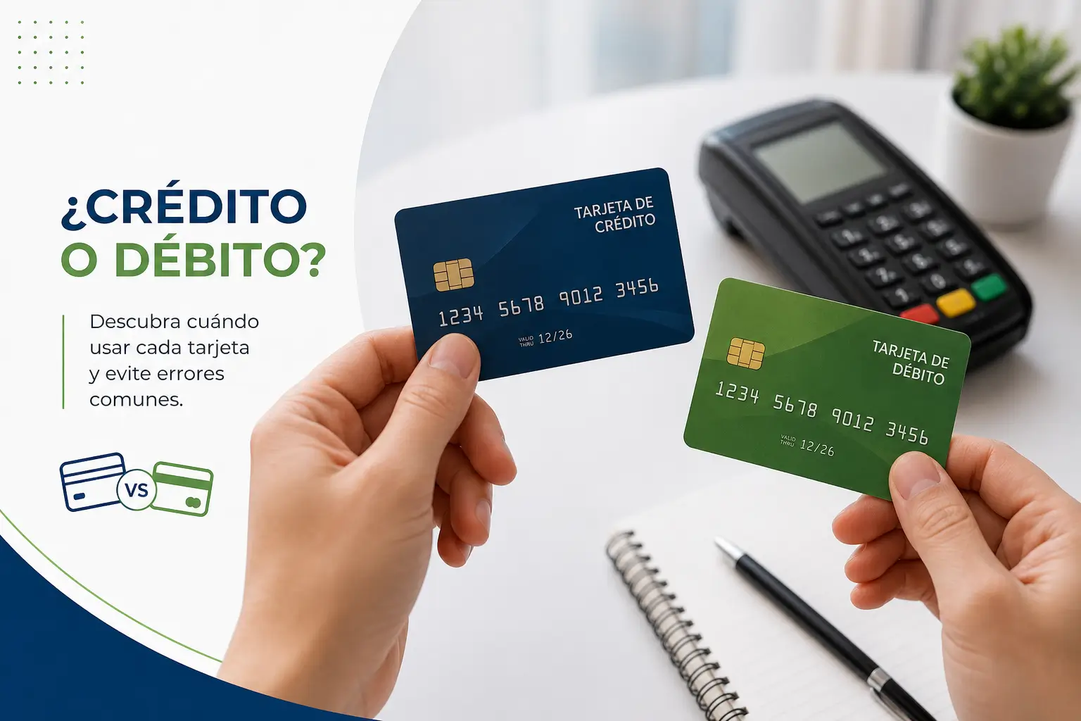 Cartões de crédito e débito, leitor de cartão ao fundo