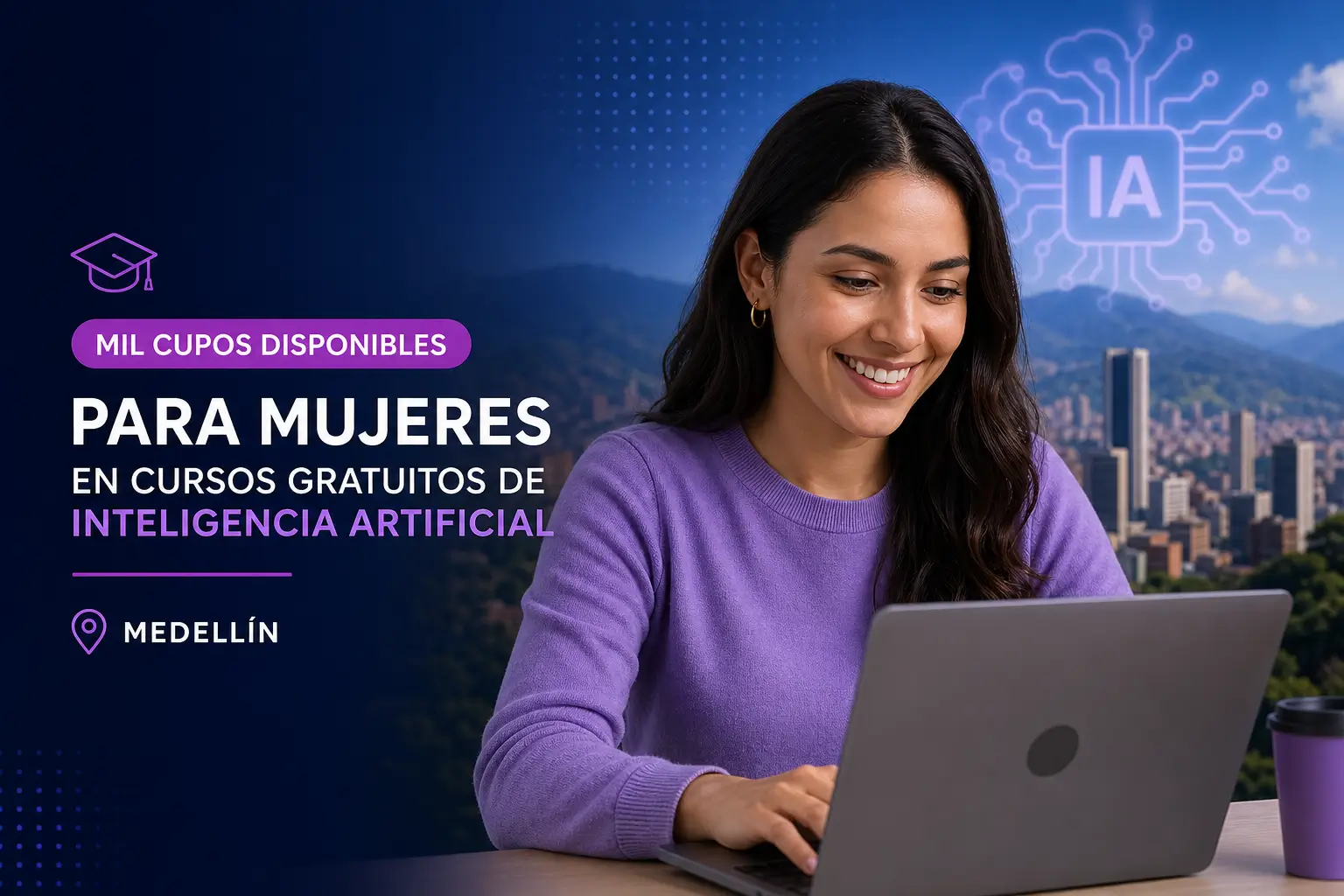 Mulher usando laptop em curso de IA em Medellín