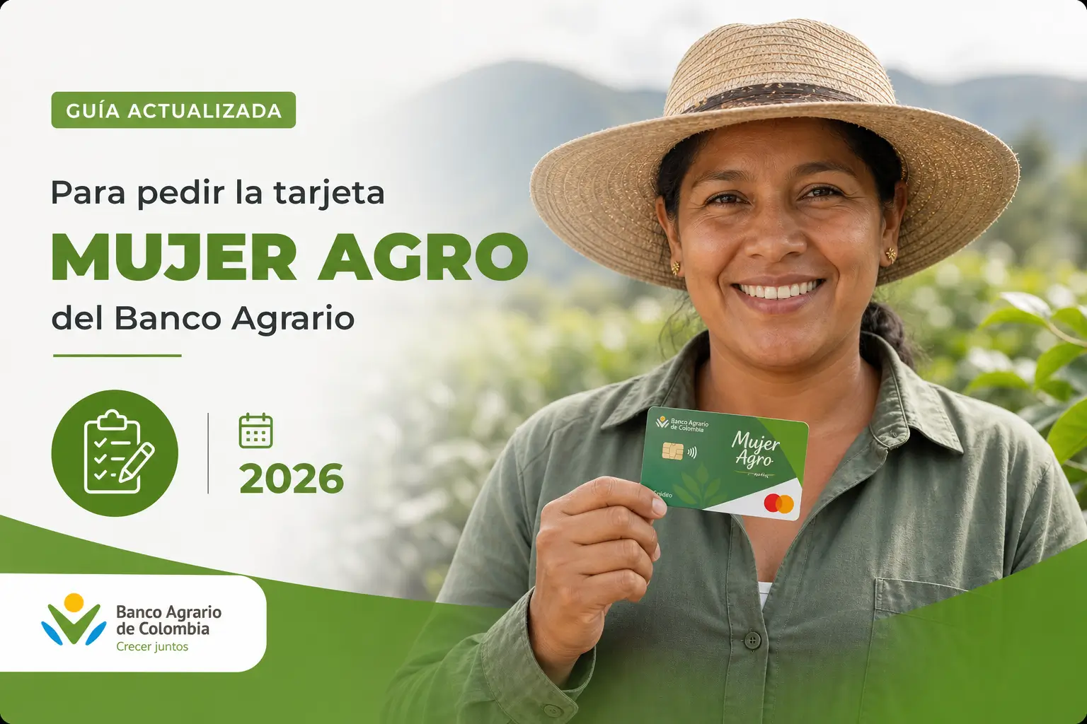 Mulher segura cartão Mujer Agro Banco Agrario 2026 em campo agrícola