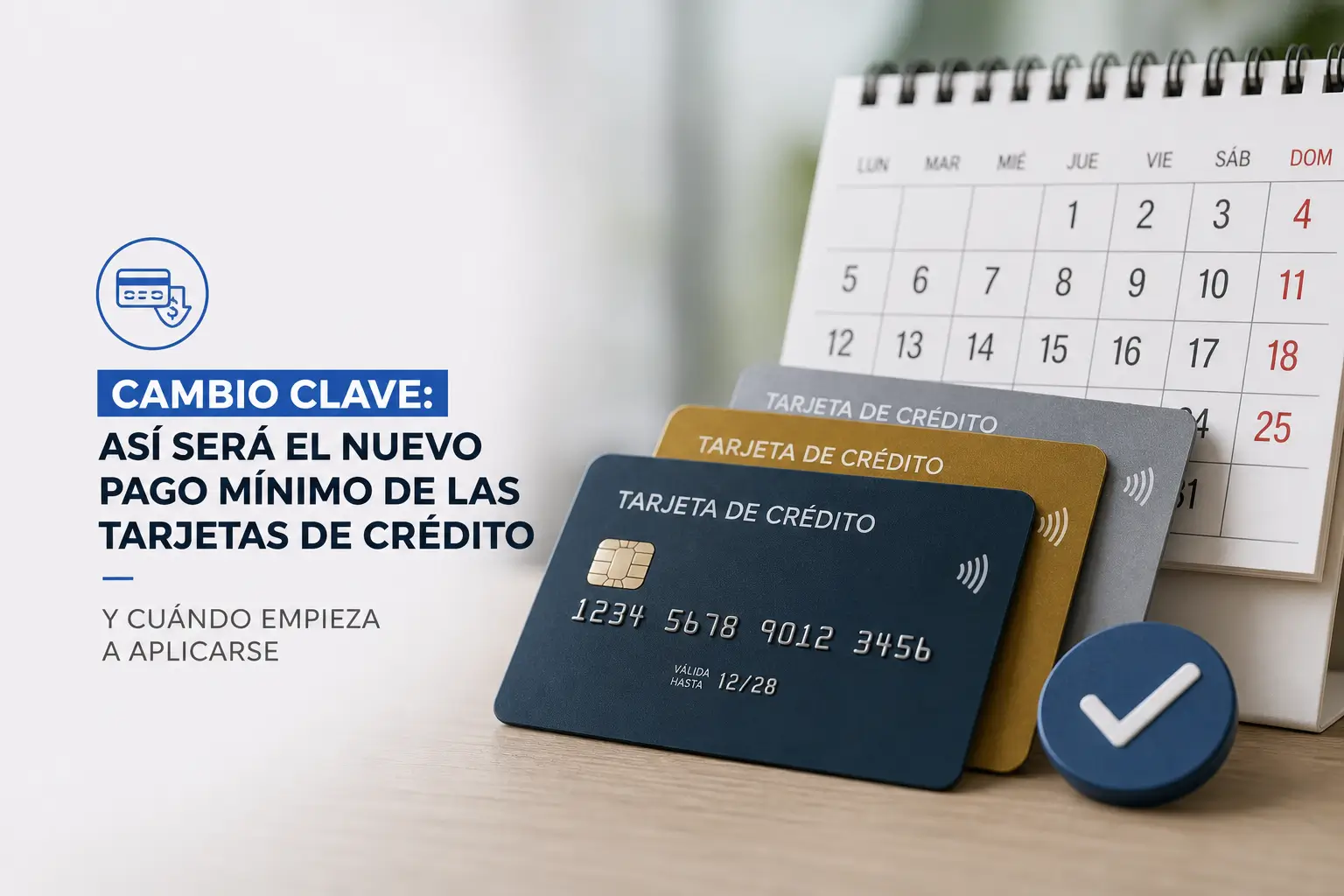 Cartões de crédito azul, cinza e dourado com calendário de 2026