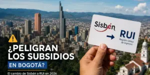 Transição de Sisben para RUI em Bogotá com vista da cidade, 2026