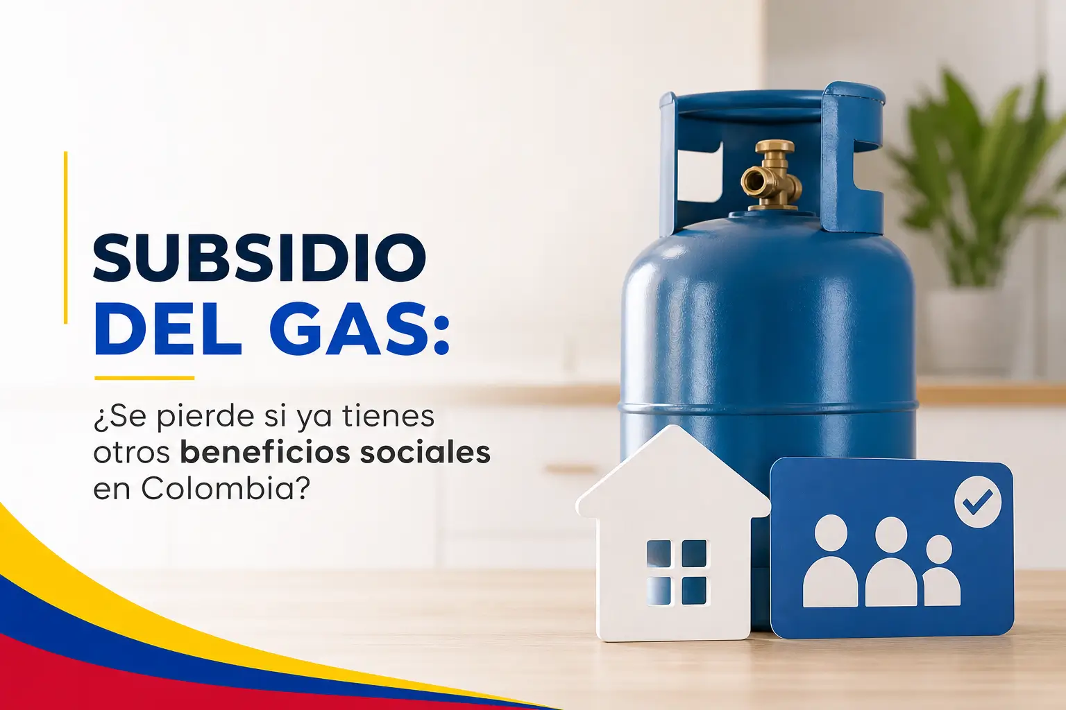 Cozinha moderna com botijão de gás azul e cartão de benefícios