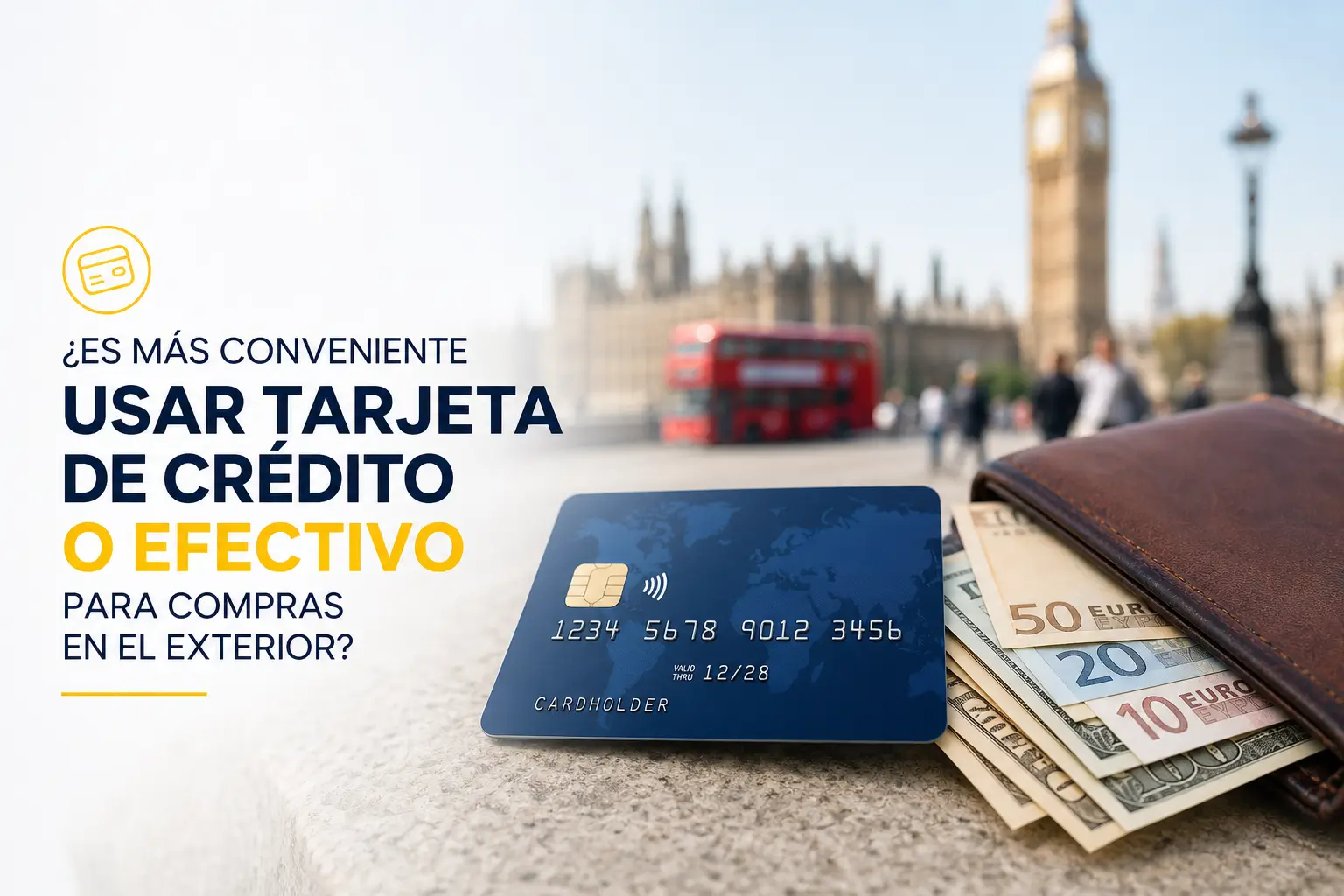 Cartão de crédito azul e carteira com notas em Londres, 2026.