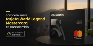 Cartão de crédito World Legend Mastercard da Bancolombia com skyline ao fundo