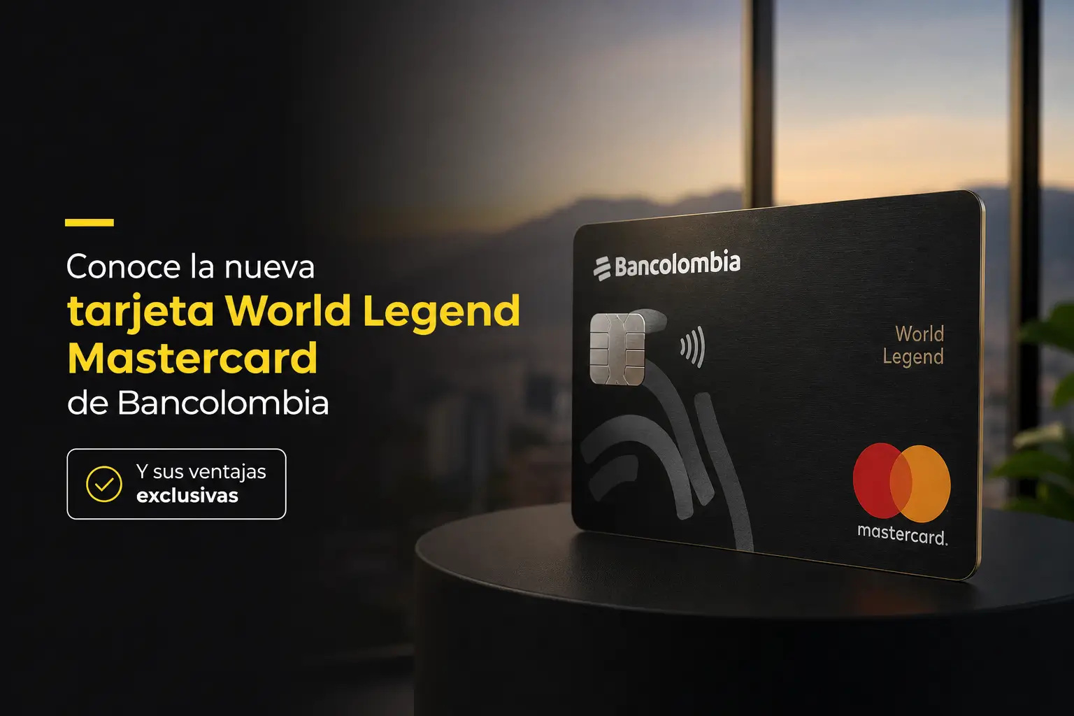 Cartão de crédito World Legend Mastercard da Bancolombia com skyline ao fundo