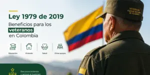 Veterano colombiano de costas com uniforma e bandeira ao fundo