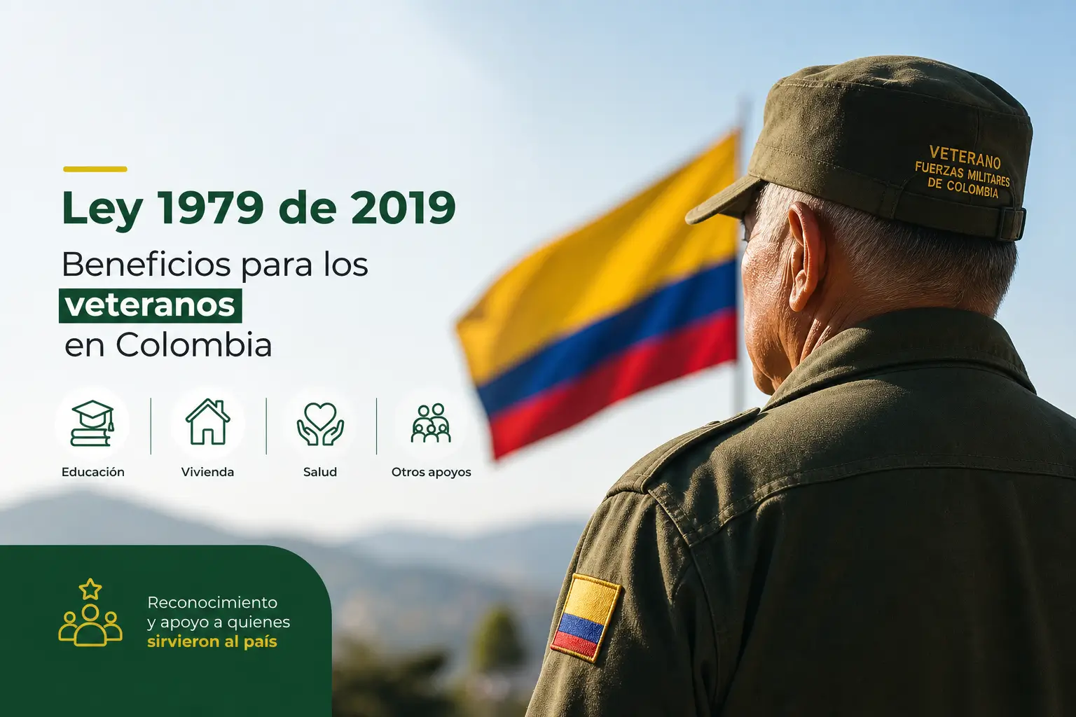 Veterano colombiano de costas com uniforma e bandeira ao fundo