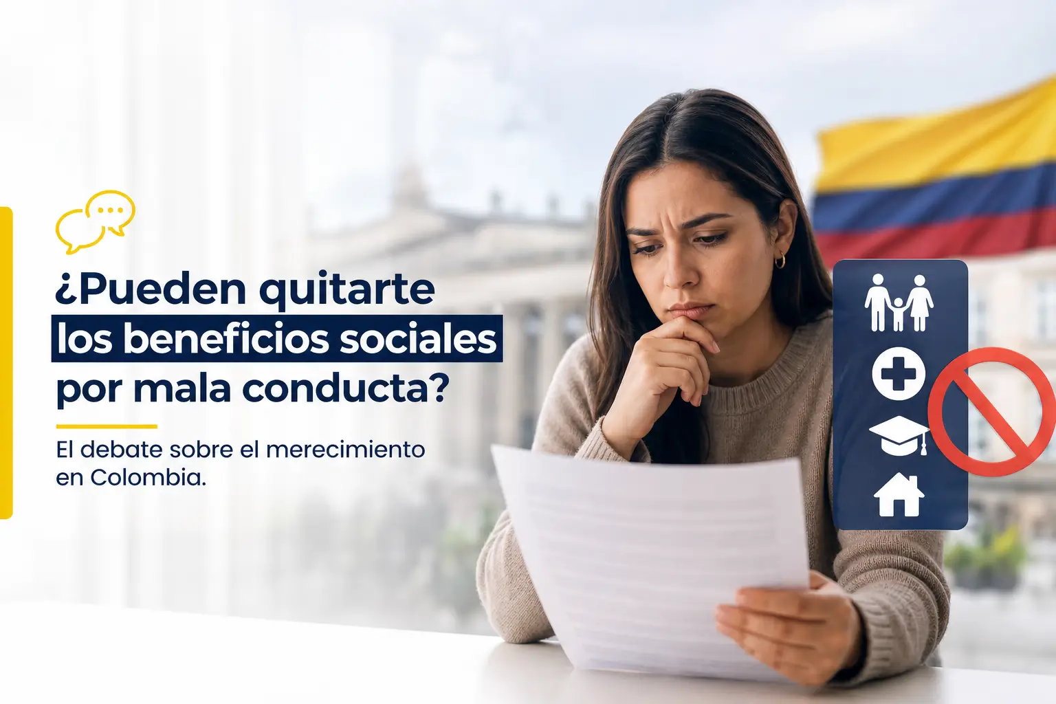 Jovem mulher pondera benefícios sociais na Colômbia