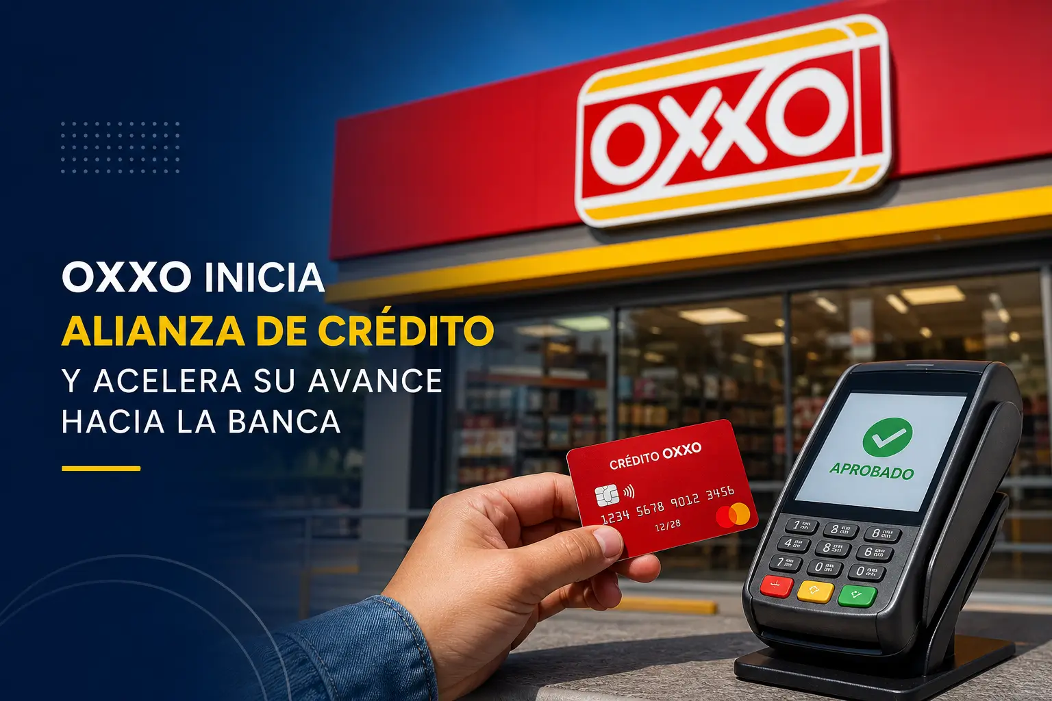Pessoa com cartão de crédito OXXO em loja; transação aprovada