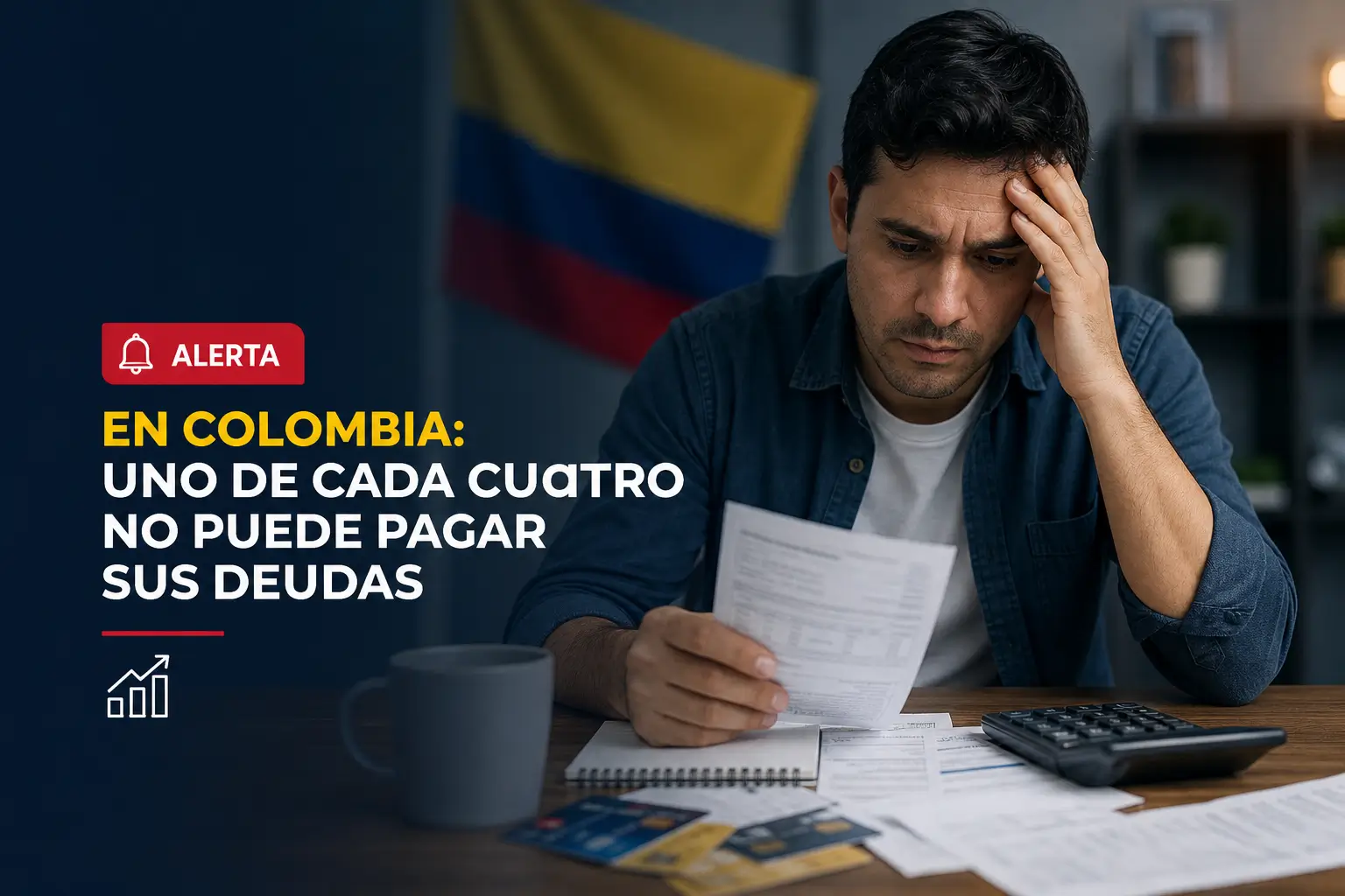 Homem preocupado avaliando documentos financeiros com bandeira da Colômbia