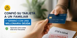 Mãos trocando cartão de crédito com 'DEUDA MILLONARIA' em destaque