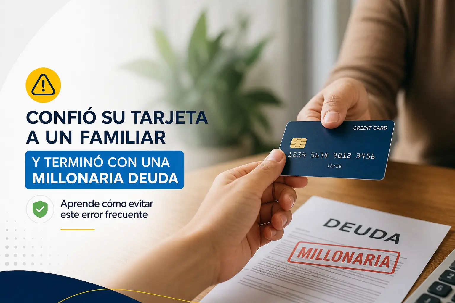 Mãos trocando cartão de crédito com 'DEUDA MILLONARIA' em destaque