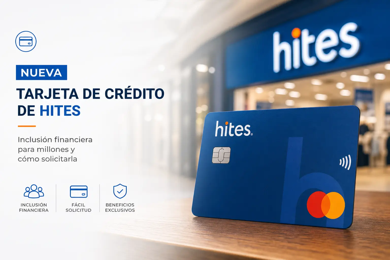 Cartão de crédito Hites azul sobre mesa, loja ao fundo