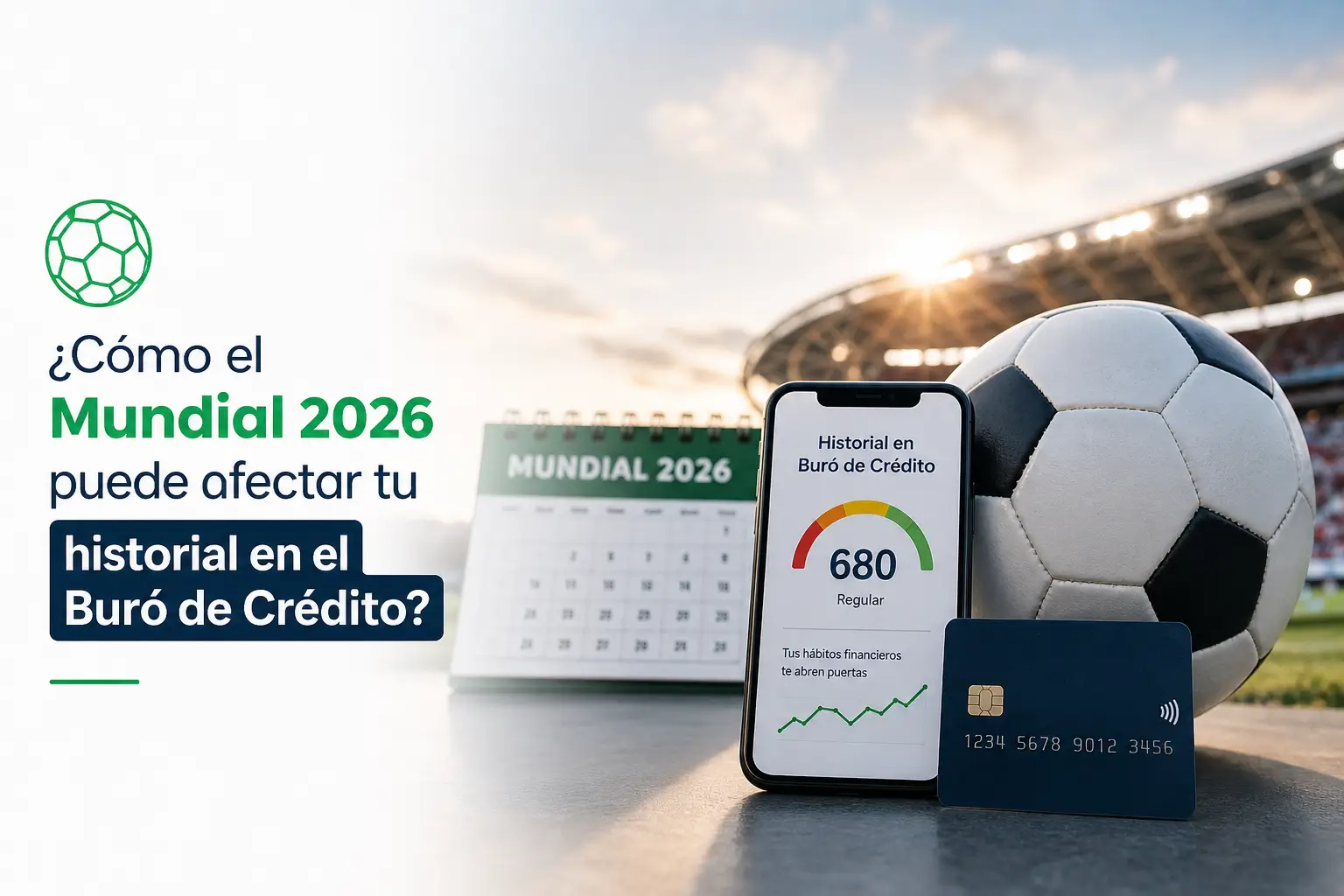 Bola de futebol ao lado de smartphone com score de crédito 680 e calendário Mundial 2026