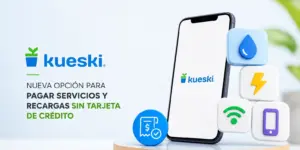 Smartphone com ícones modernos no suporte circular e logo Kueski