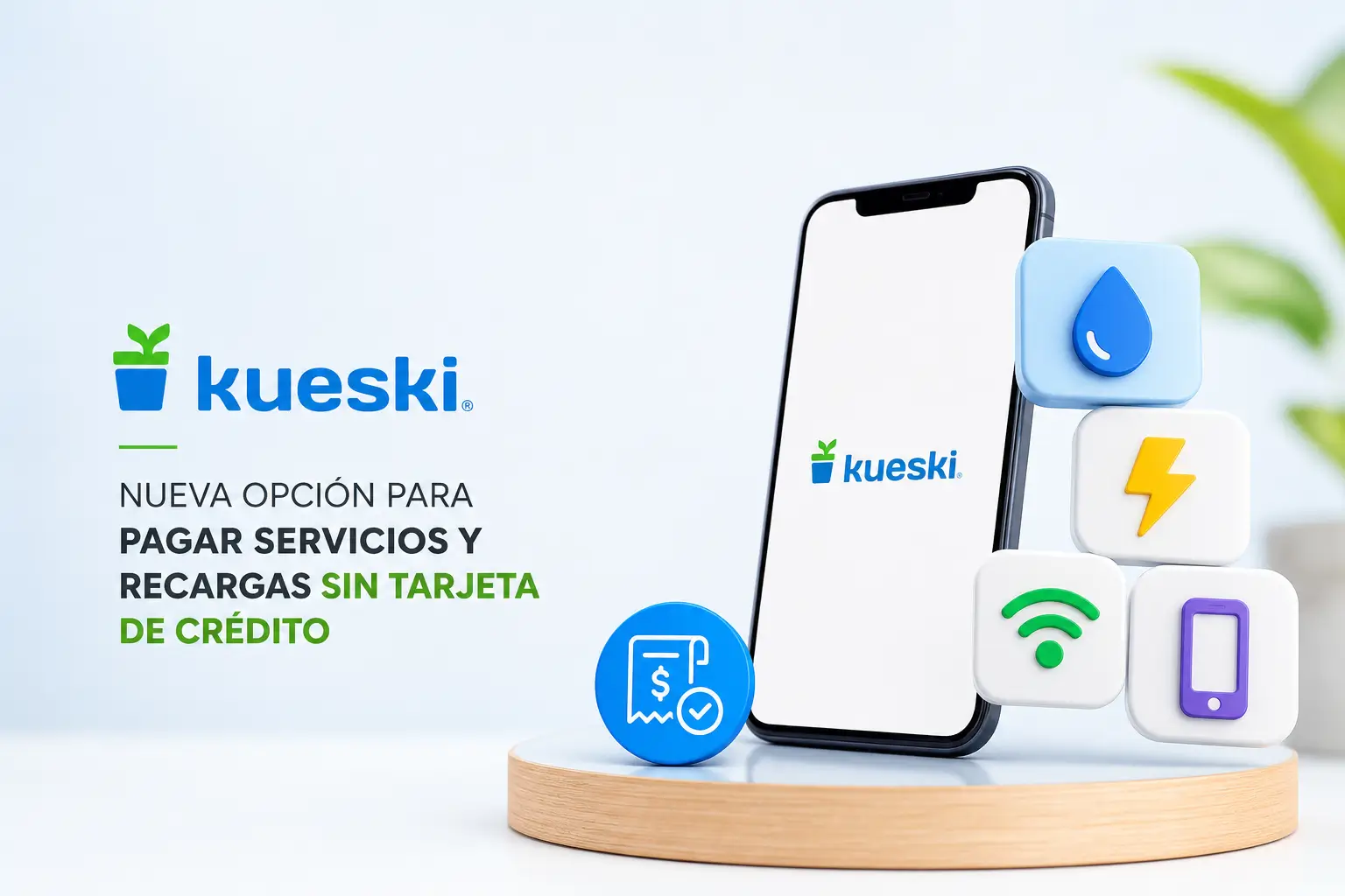 Smartphone com ícones modernos no suporte circular e logo Kueski