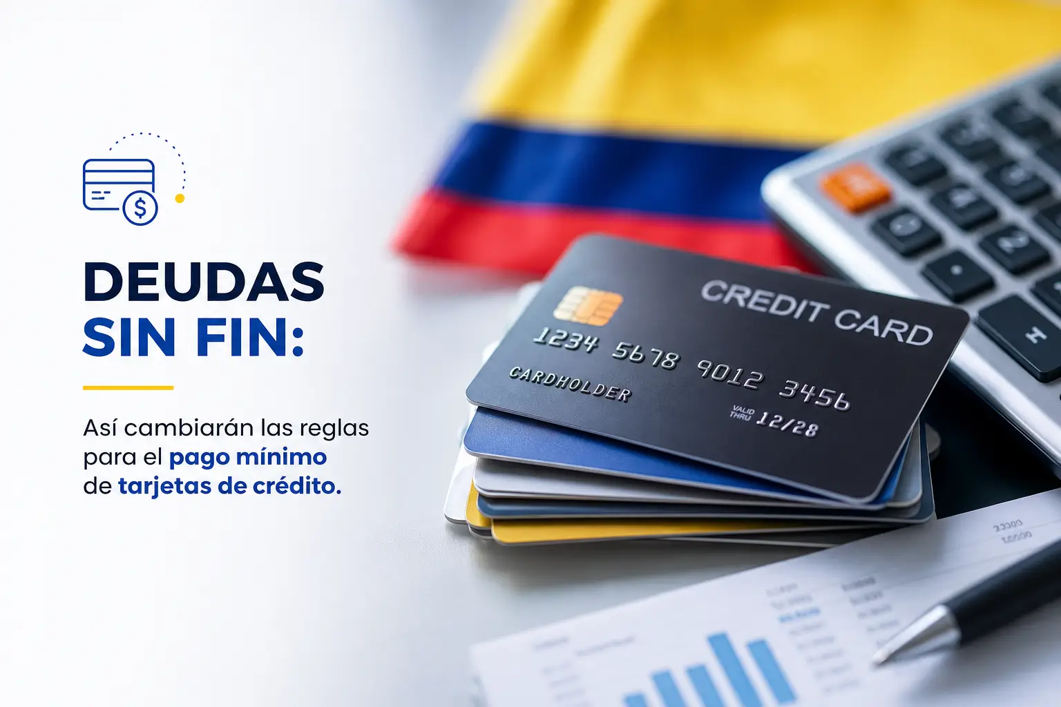 Cartões de crédito e bandeira colombiana em uma mesa com gráfico