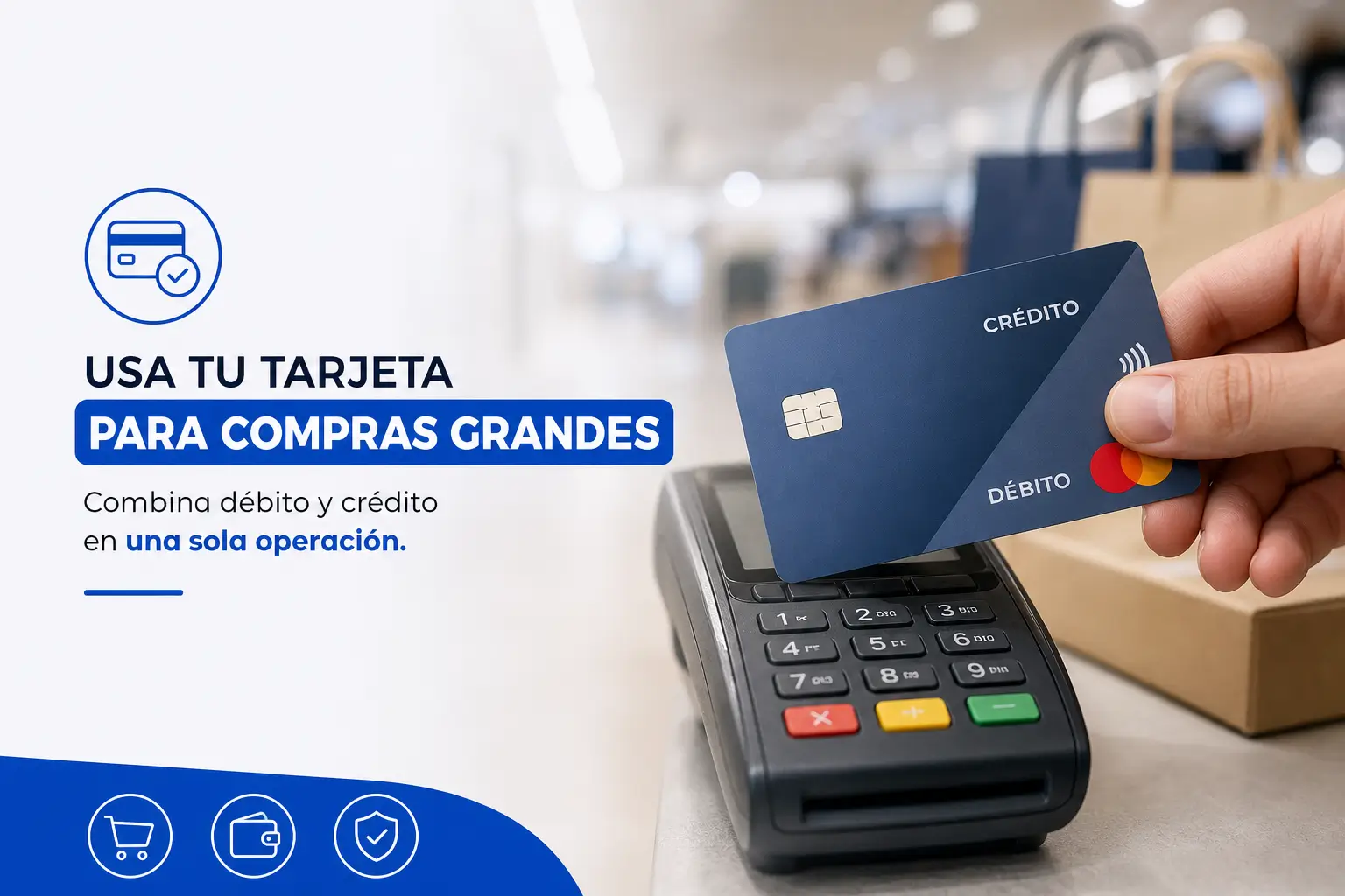 Cartão de débito e crédito na mão sobre terminal de pagamento