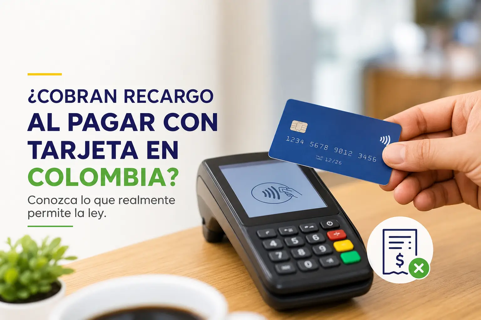Pagamento contactless com cartão azul em terminal, café casual