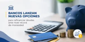 Cálculadora, cofrinho azul e cartões de crédito em tema financeiro
