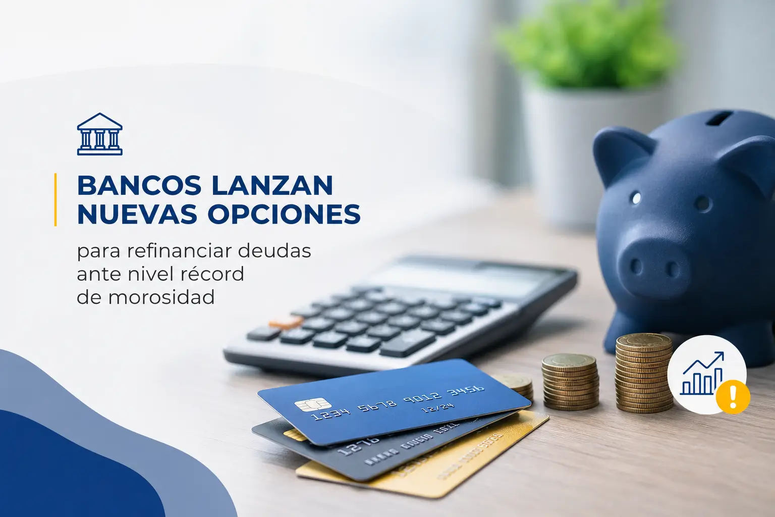 Cálculadora, cofrinho azul e cartões de crédito em tema financeiro