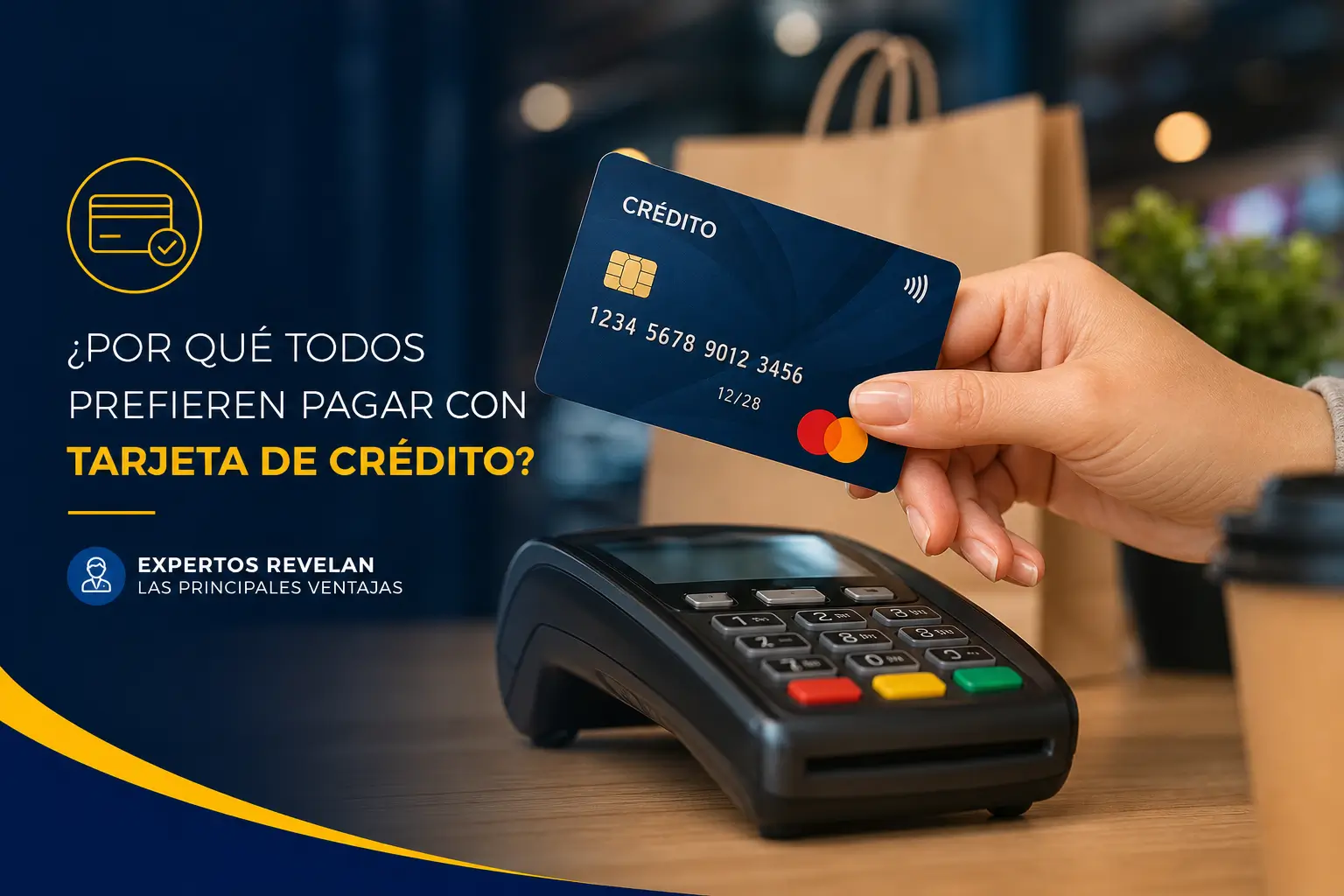 Mão segurando cartão de crédito sobre terminal de pagamento