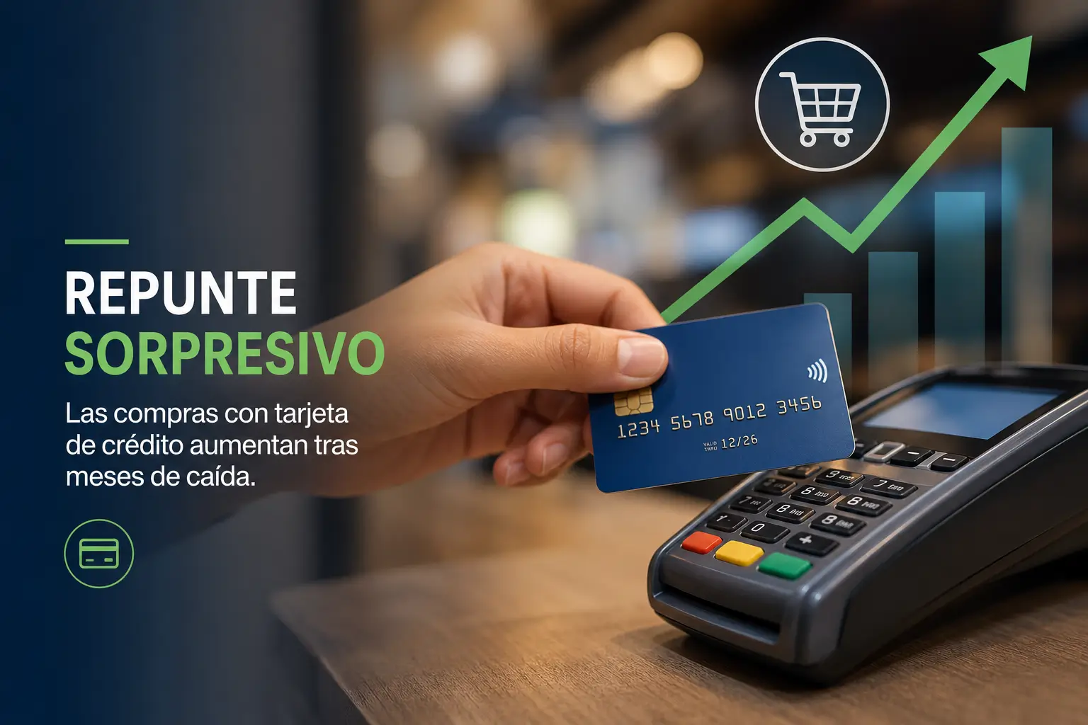Mão segurando cartão de crédito sobre terminal com gráficos de tendência
