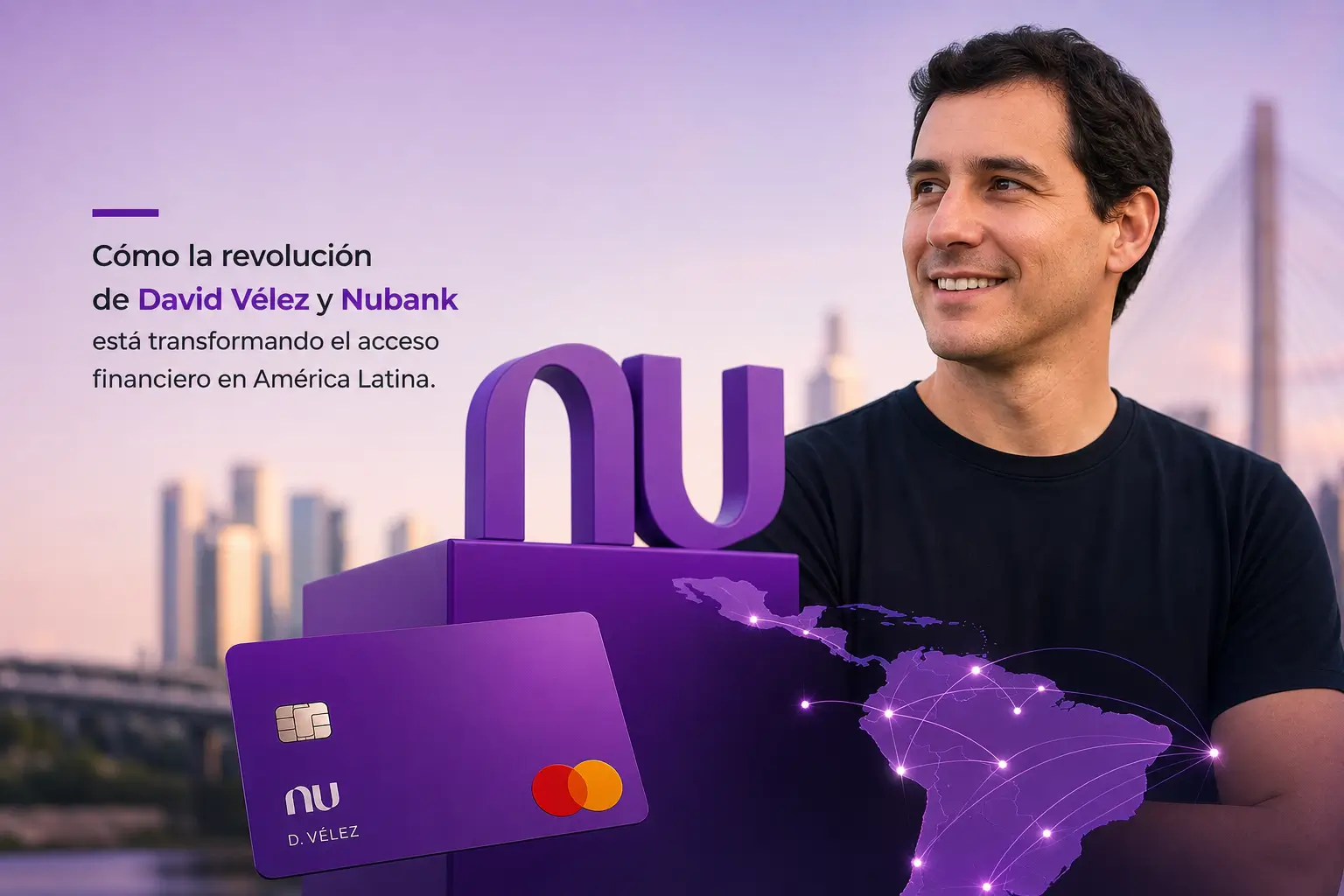 David Vélez ao lado do logo Nubank com cartão na mão