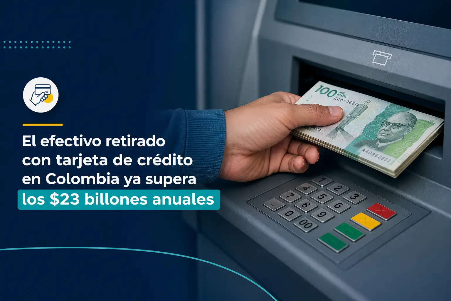 Pessoa sacando 100 mil pesos colombianos em caixa automático