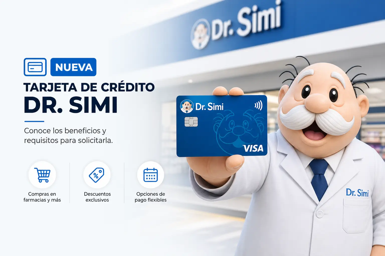 Dr. Simi com cartão de crédito Visa em farmácia