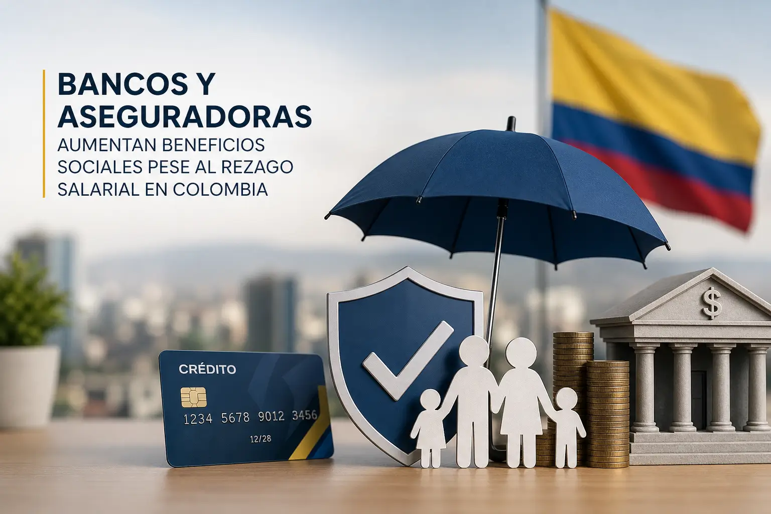 Cartão de crédito, moedas e família sob guarda-chuva e escudo na Colômbia
