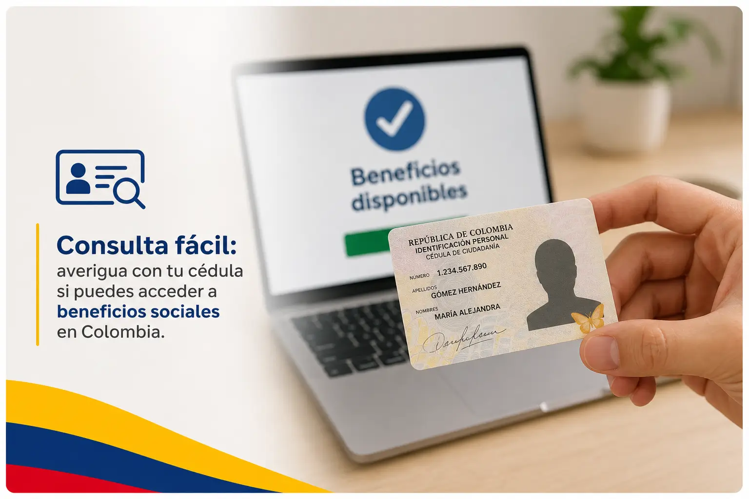 Pessoa segura cédula colombiana com tela de benefícios ao fundo