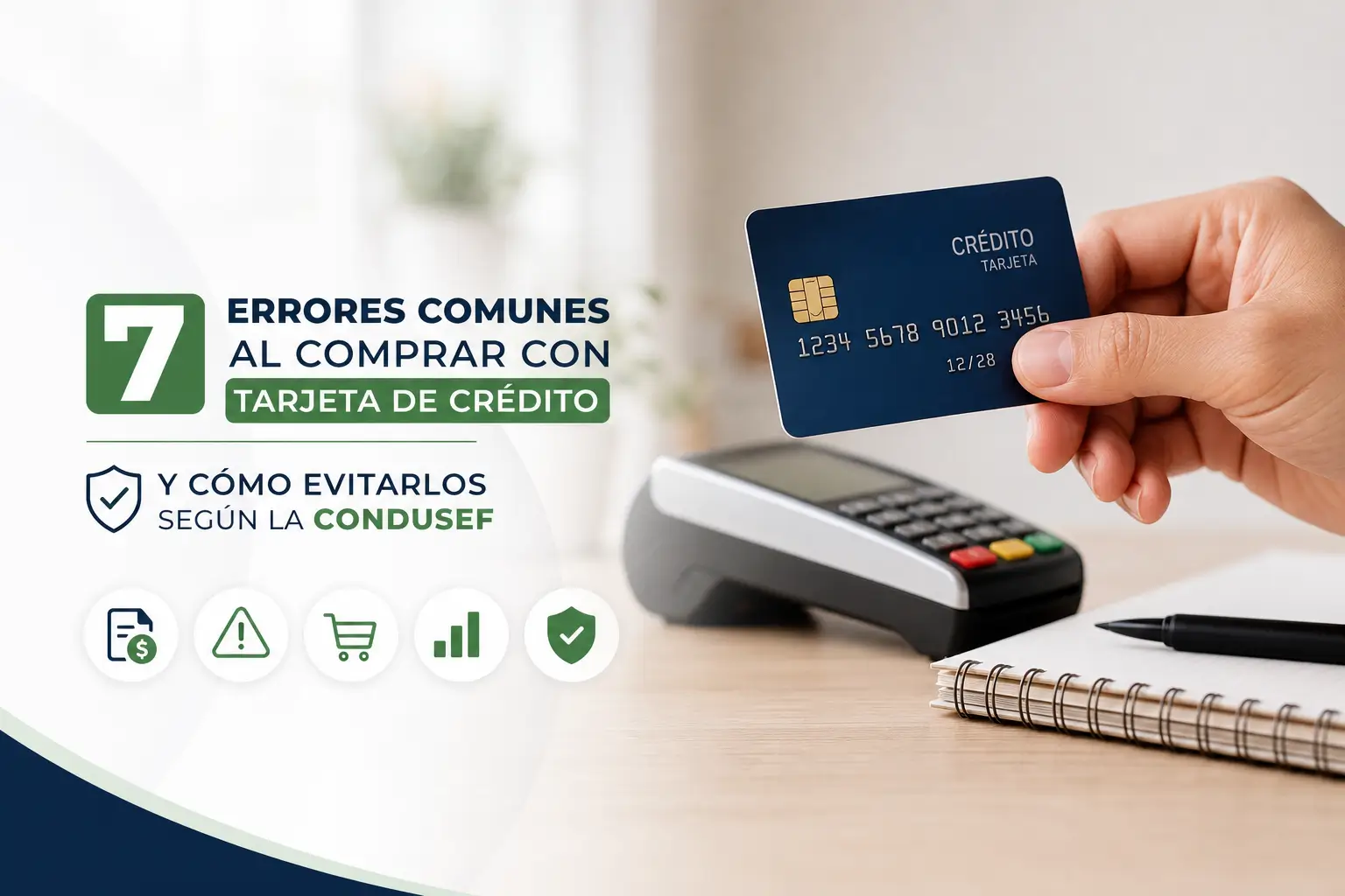 Mão segurando cartão de crédito em frente a terminal, dicas CONDUSEF