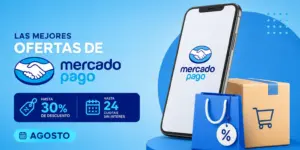 ofertas Mercado Pago com smartphone e logo em fundo azul