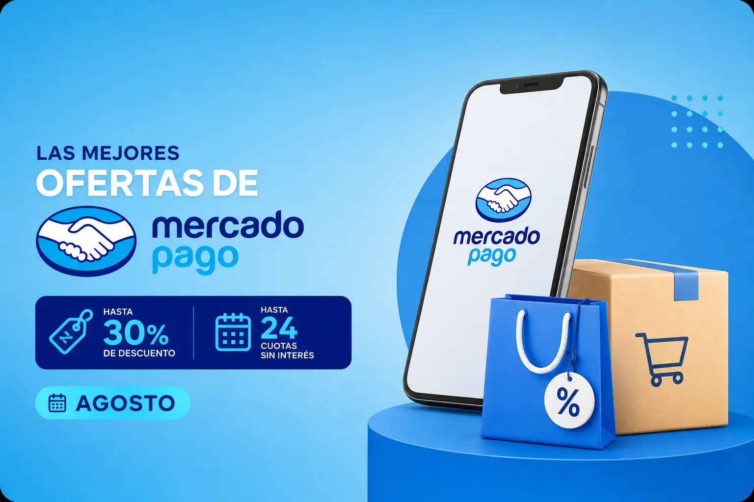 ofertas Mercado Pago com smartphone e logo em fundo azul
