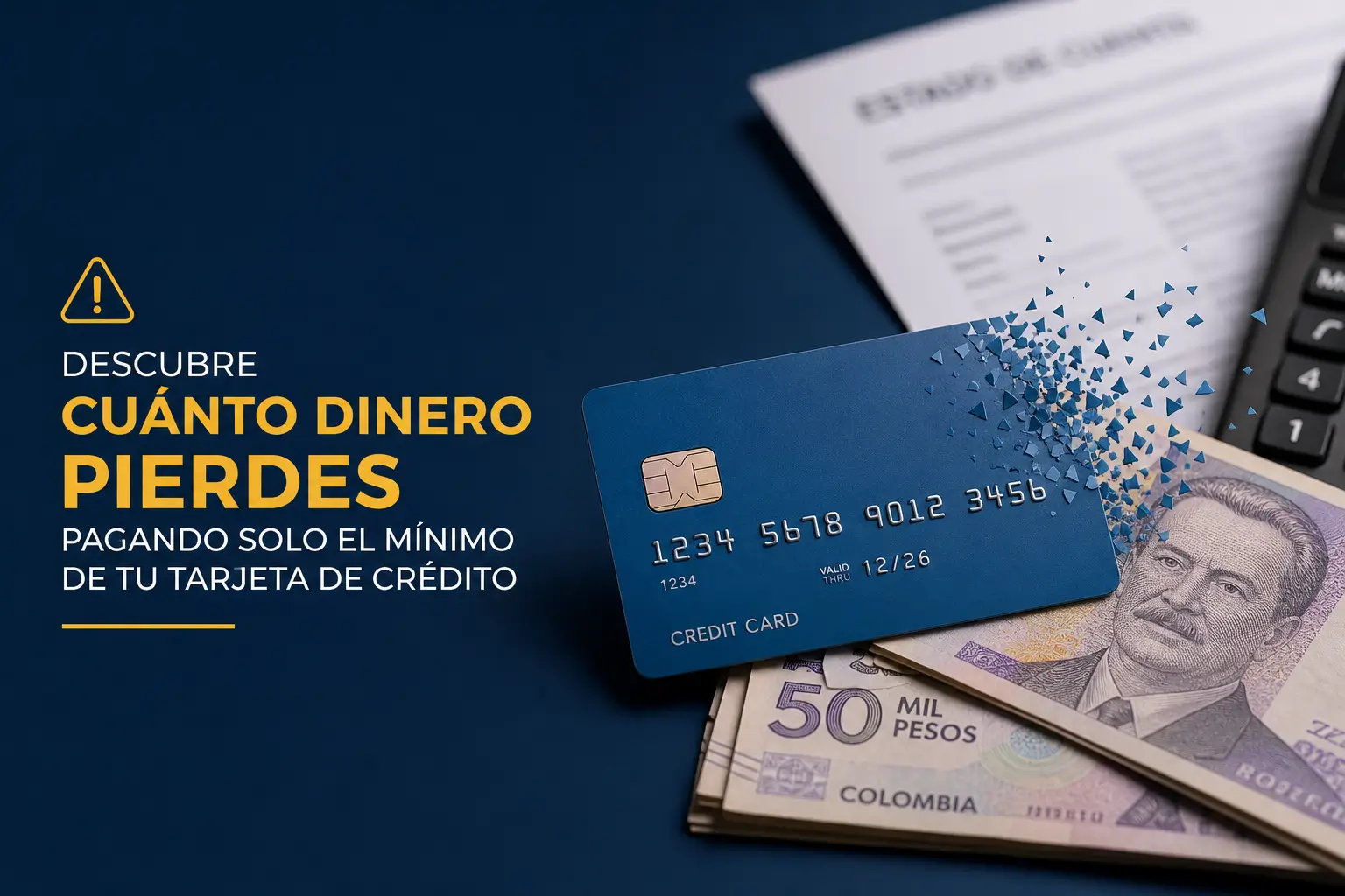 Cartão de crédito azul fragmentando sobre notas colombianas