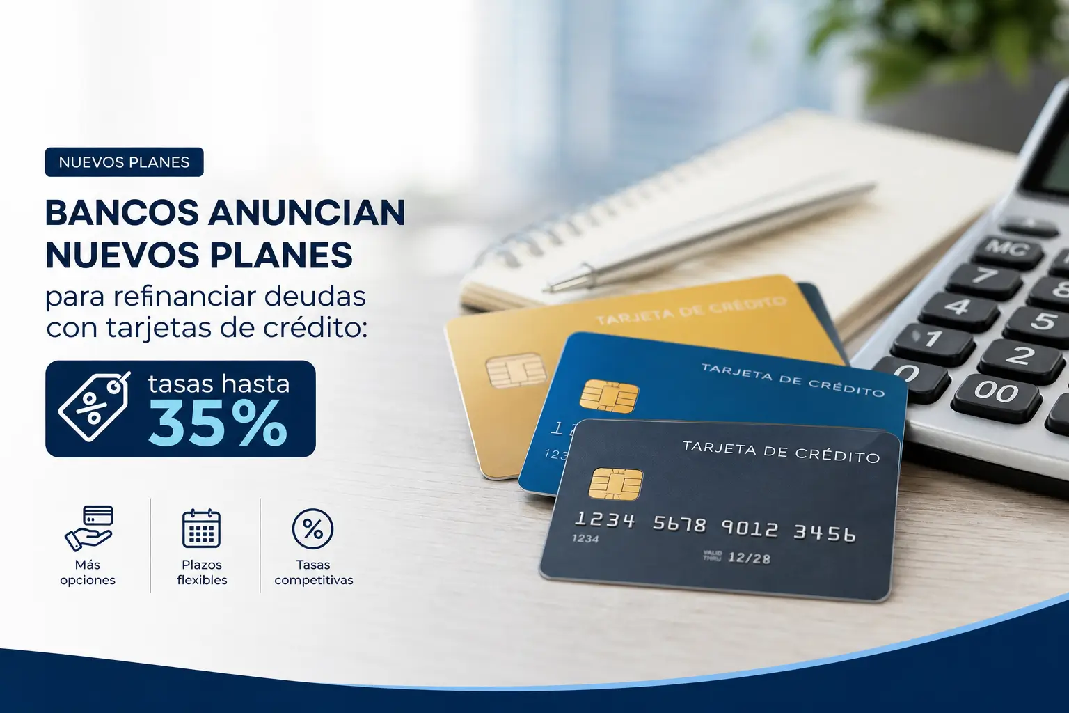 Cartões de crédito e calculadora destacando refinanciamento 2026