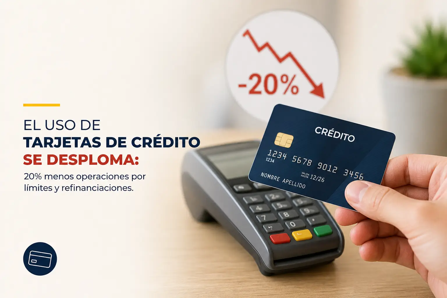 mão segurando cartão de crédito, gráfico com seta vermelha e -20%