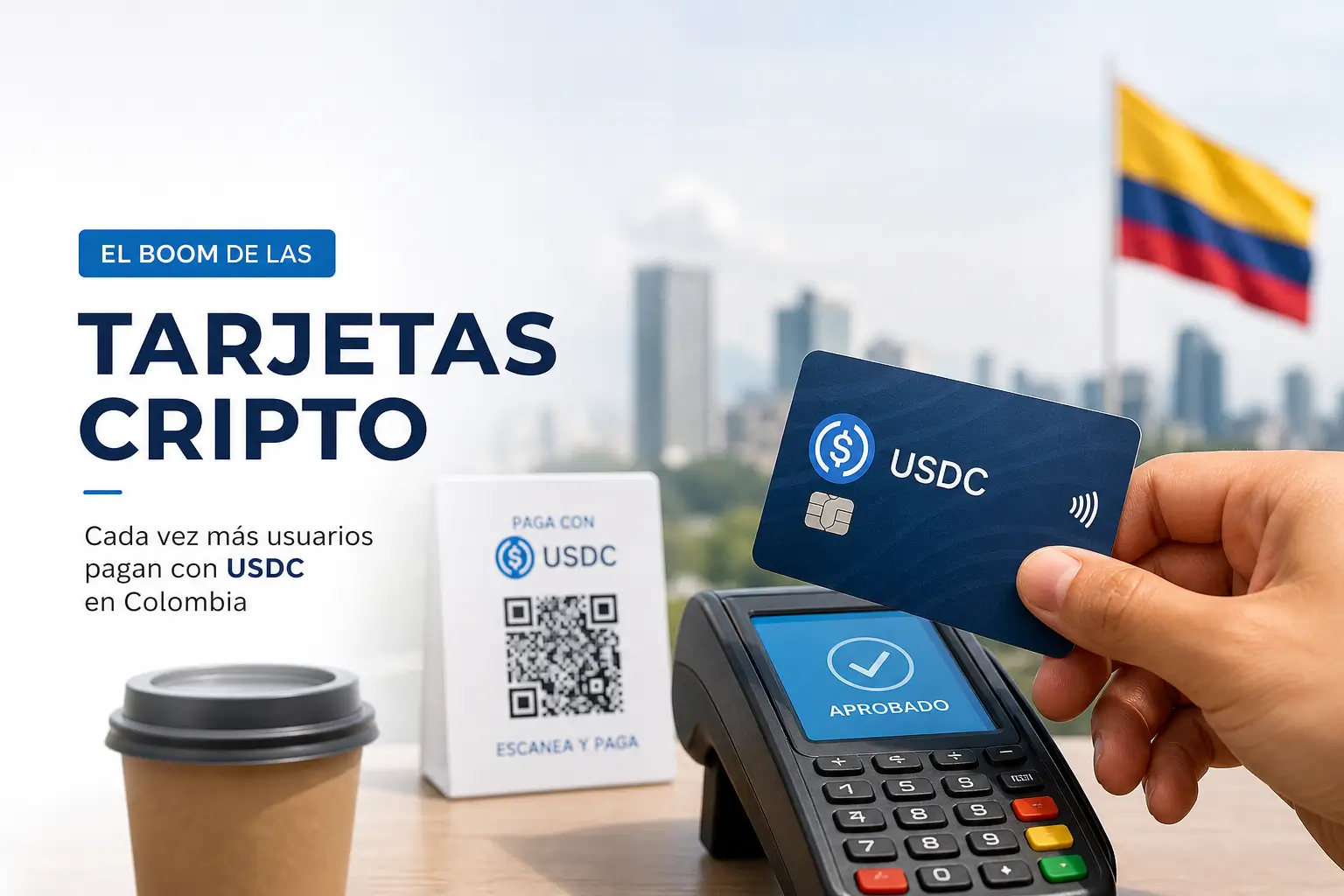 Cartão USDC em uso com terminal de pagamento, bandeira colombiana ao fundo