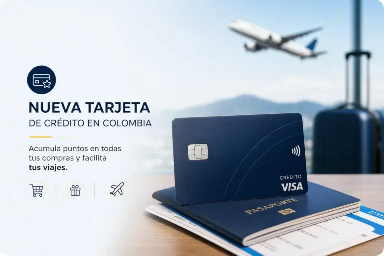 Cartão de crédito colombiano Visa sobre passaporte e avião
