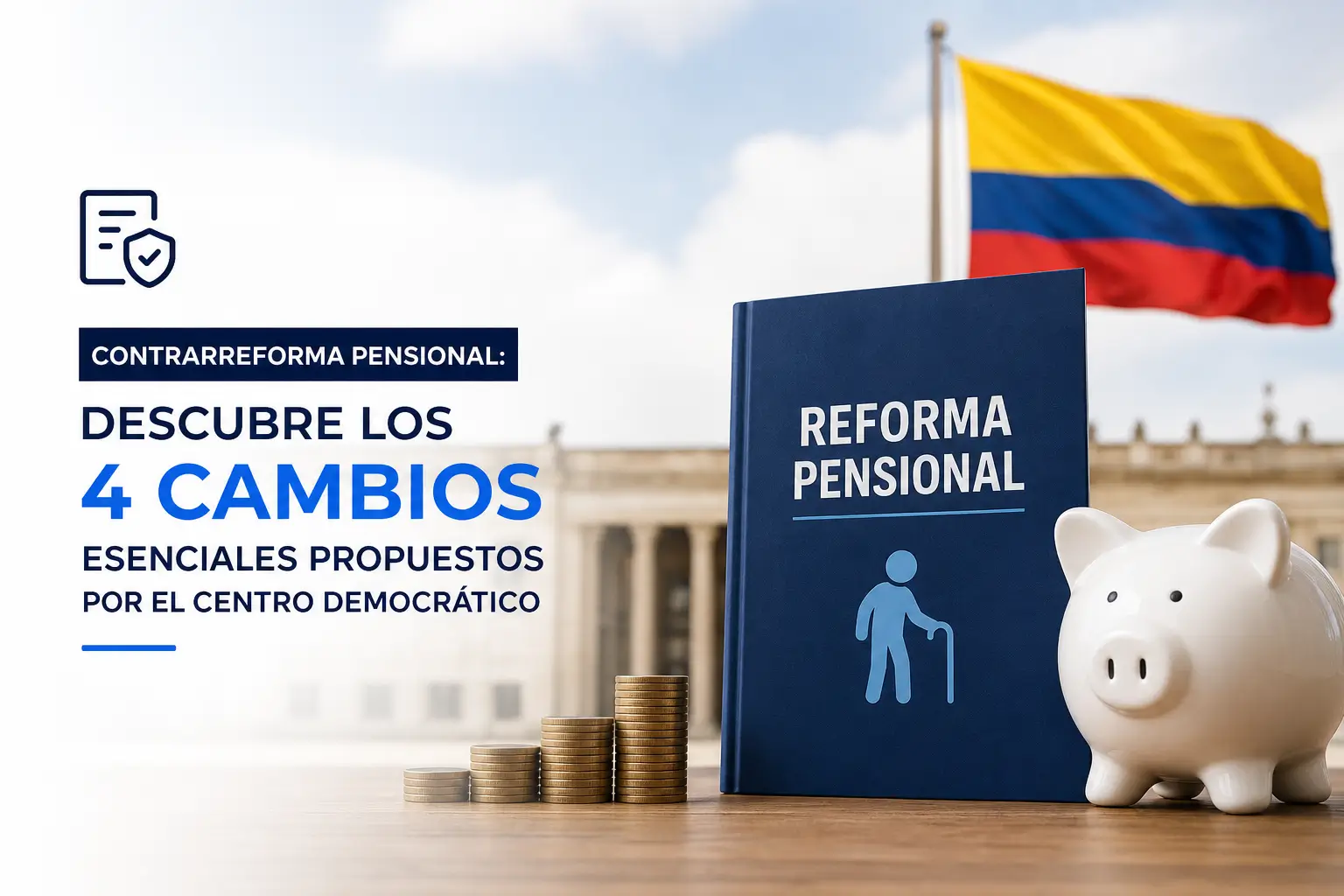 Livro Reforma Pensional e cofre em forma de porco com bandeira da Colômbia