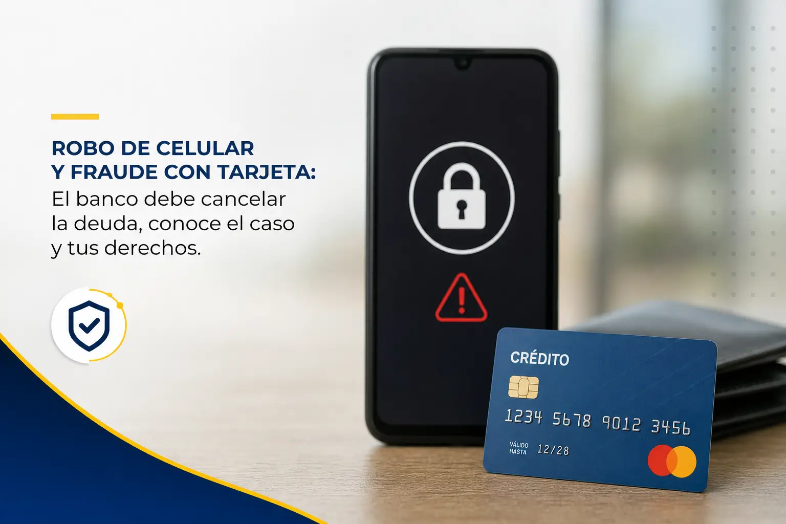 Smartphone com alerta de segurança e cartão de crédito em mesa