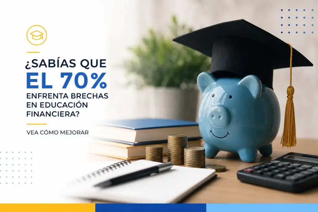 Porquinho azul com capelo de formatura, moedas, livros e calculadora em mesa