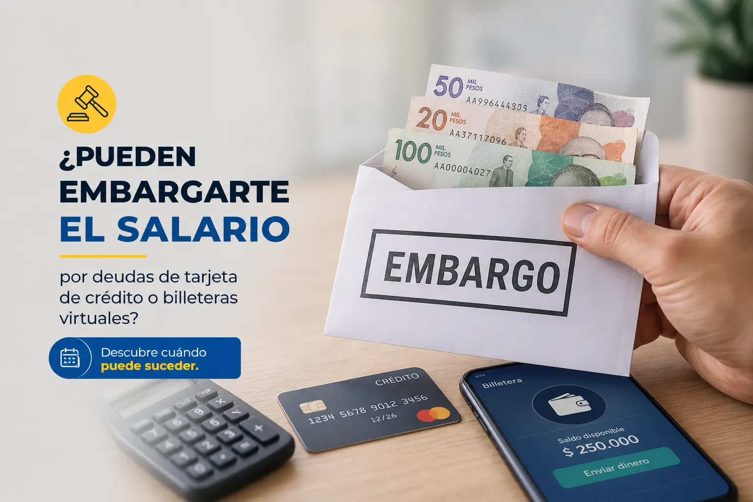 Mão segurando envelope 'EMBARGO' com cédulas e cartão