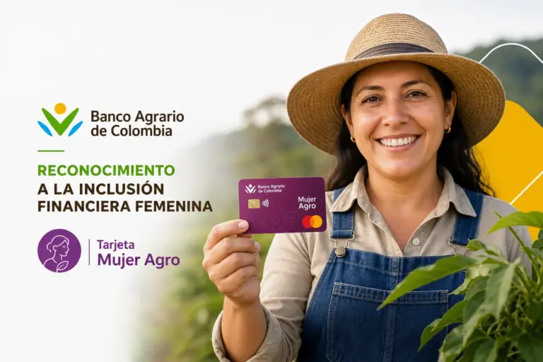 Mulher com cartão Mujer Agro no campo rural ao lado de plantas