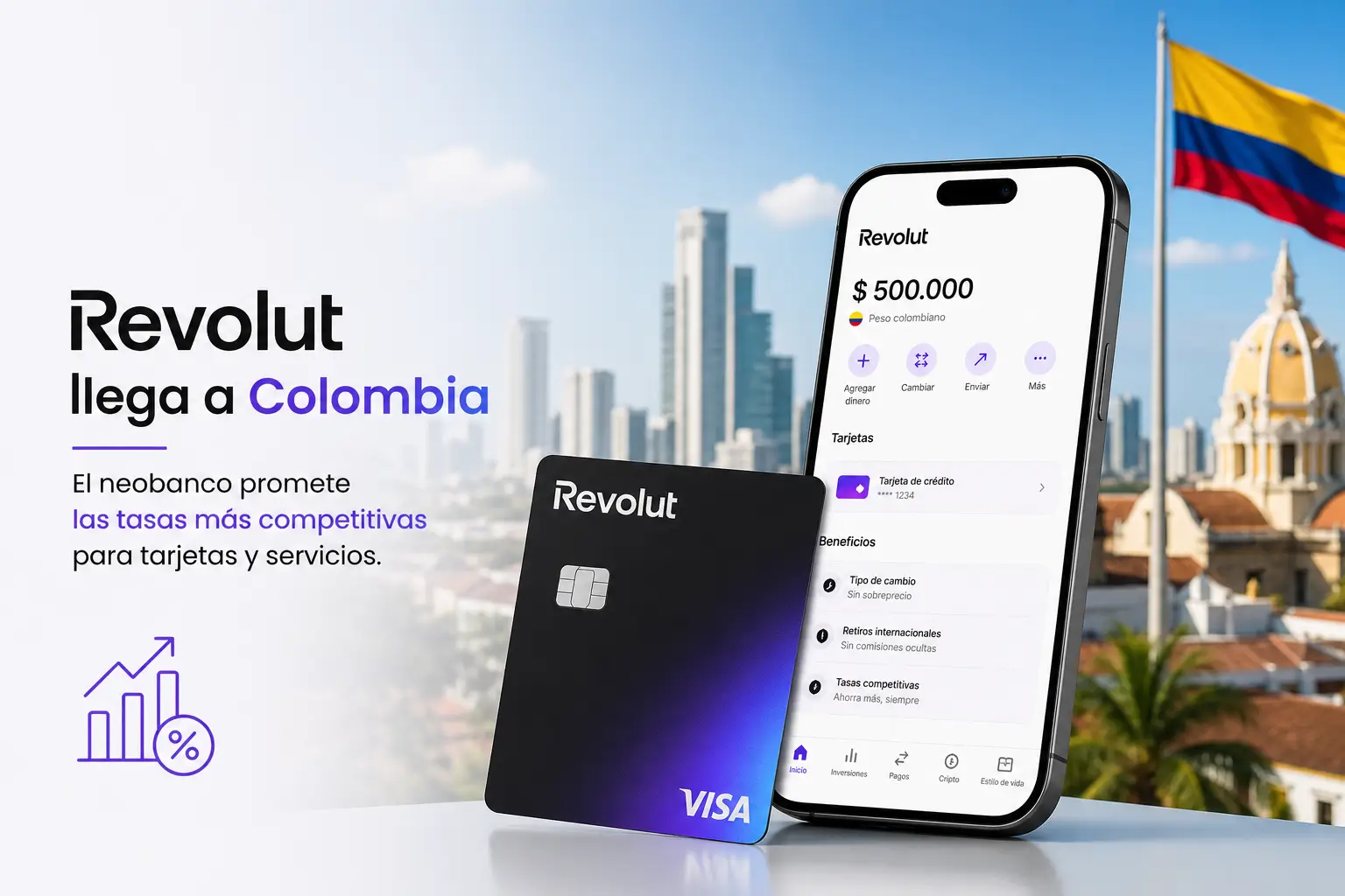 Cartão Revolut e aplicativo na Colômbia com bandeira colombiana