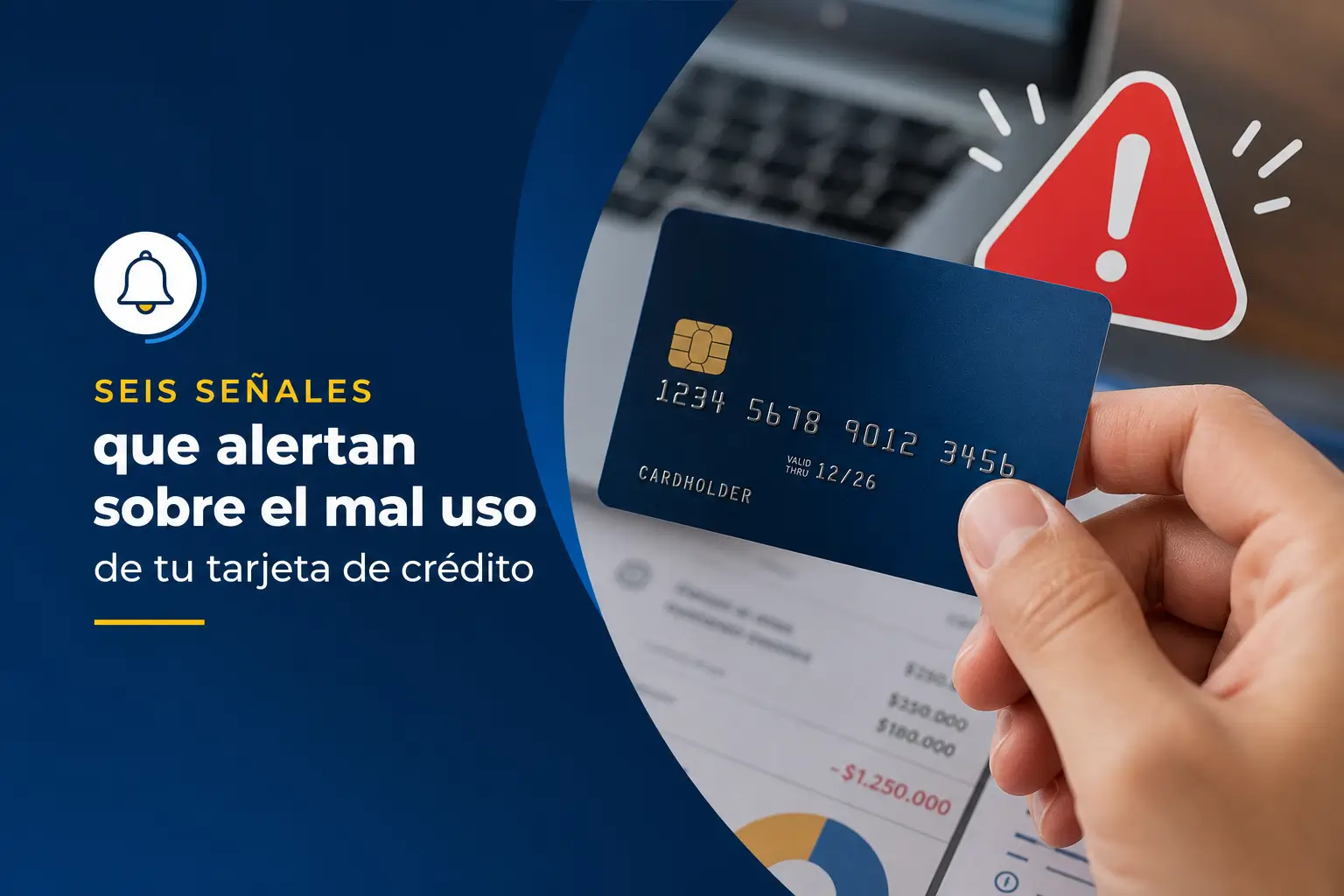 Mão com cartão de crédito e símbolo de alerta vermelho sobre mau uso
