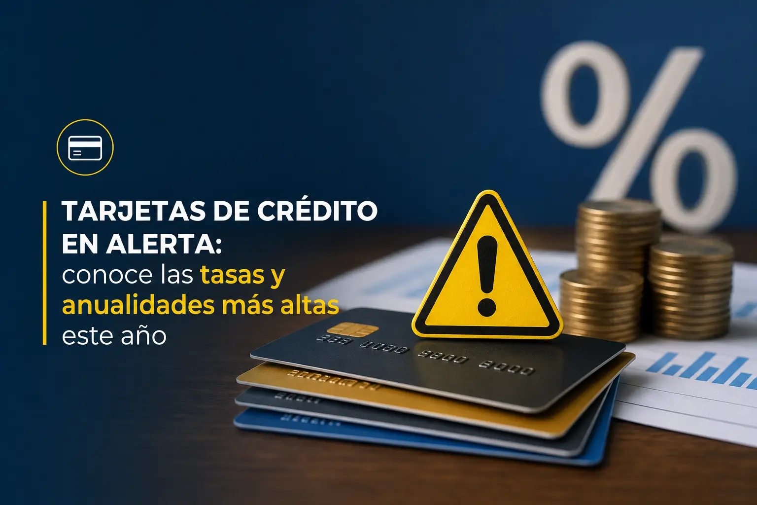 Tarjetas de crédito empilhadas com alerta em cartão amarelo